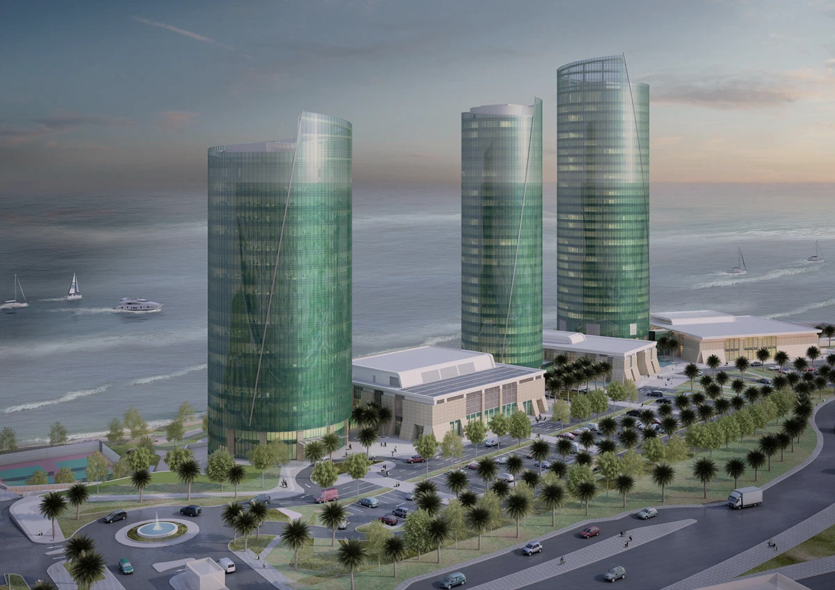 Burj Al-Bahr architectural rendering showing completed high-rise towers from aerial perspective